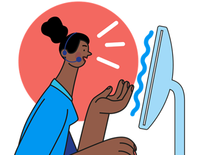 An advice rep on a computer talking to a student using a headset