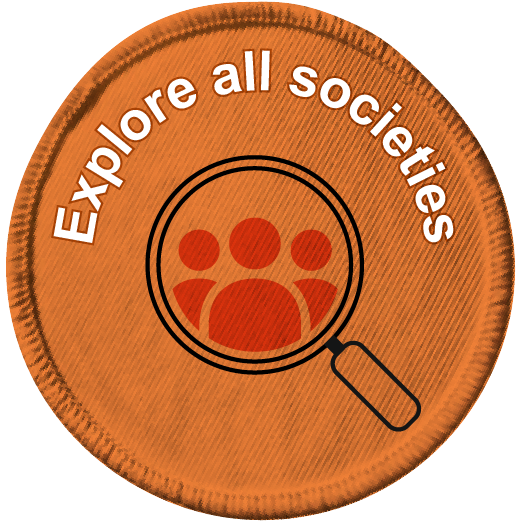 Embroidered badge reading: Explore all societies