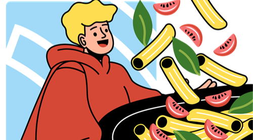 Student holding a plate full of pasta