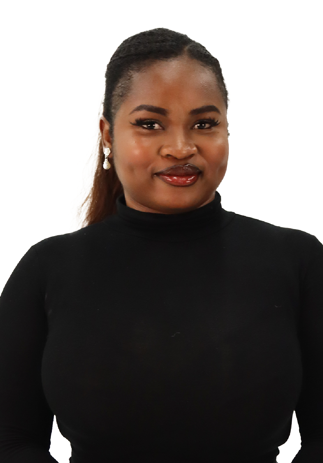 Chiamaka is wearing a black jumper and smiling