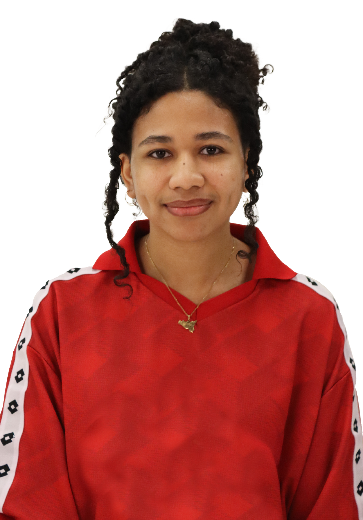Khadija has long curly black hair and is wearing a red hoodie and smiling