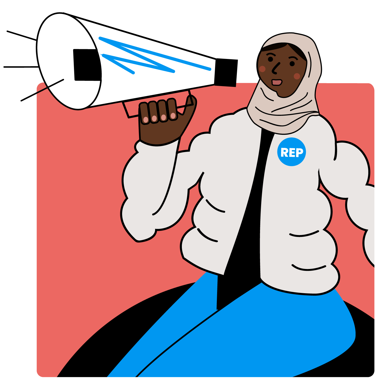 A rep holding a speakerphone