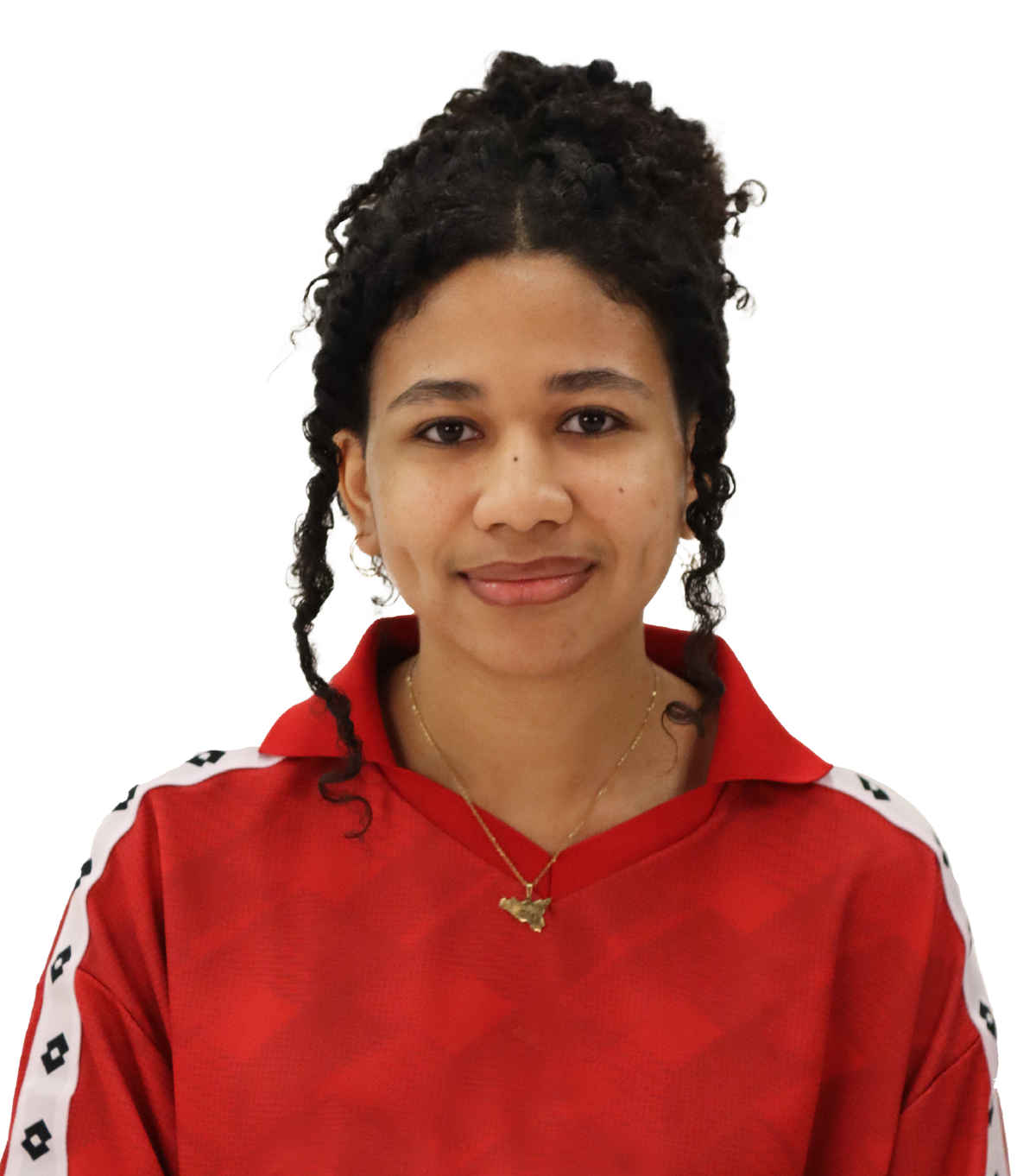 khadija has black cutly hair in a bun and is wearing a red sweatshirt