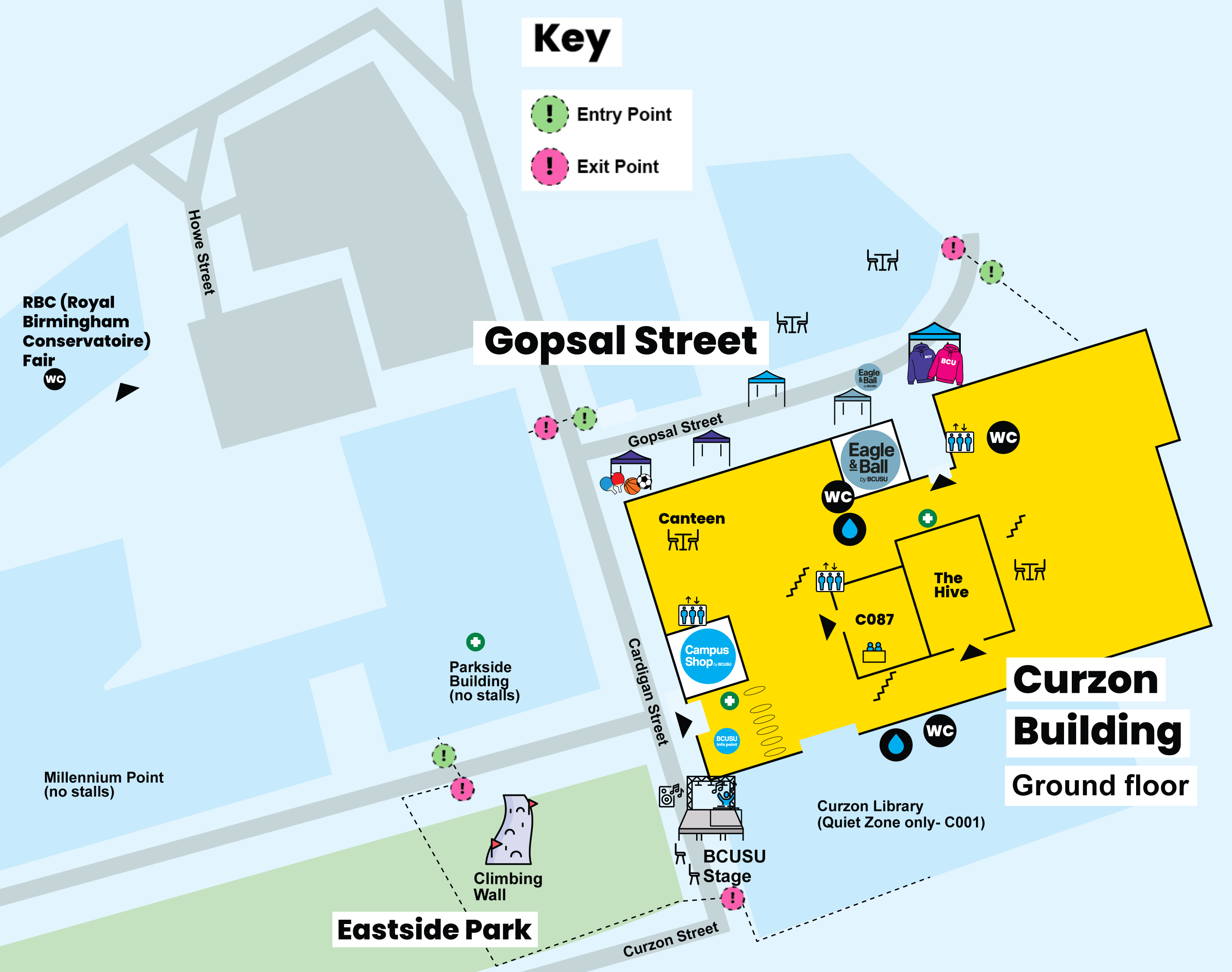 Big Welcome Fair campus map: RBC, Parkside Building, Millennium Point, Eastside Park, Curzon Stage on Cardigan Street, Gopsal Street stalls, and Curzon Building ground floor