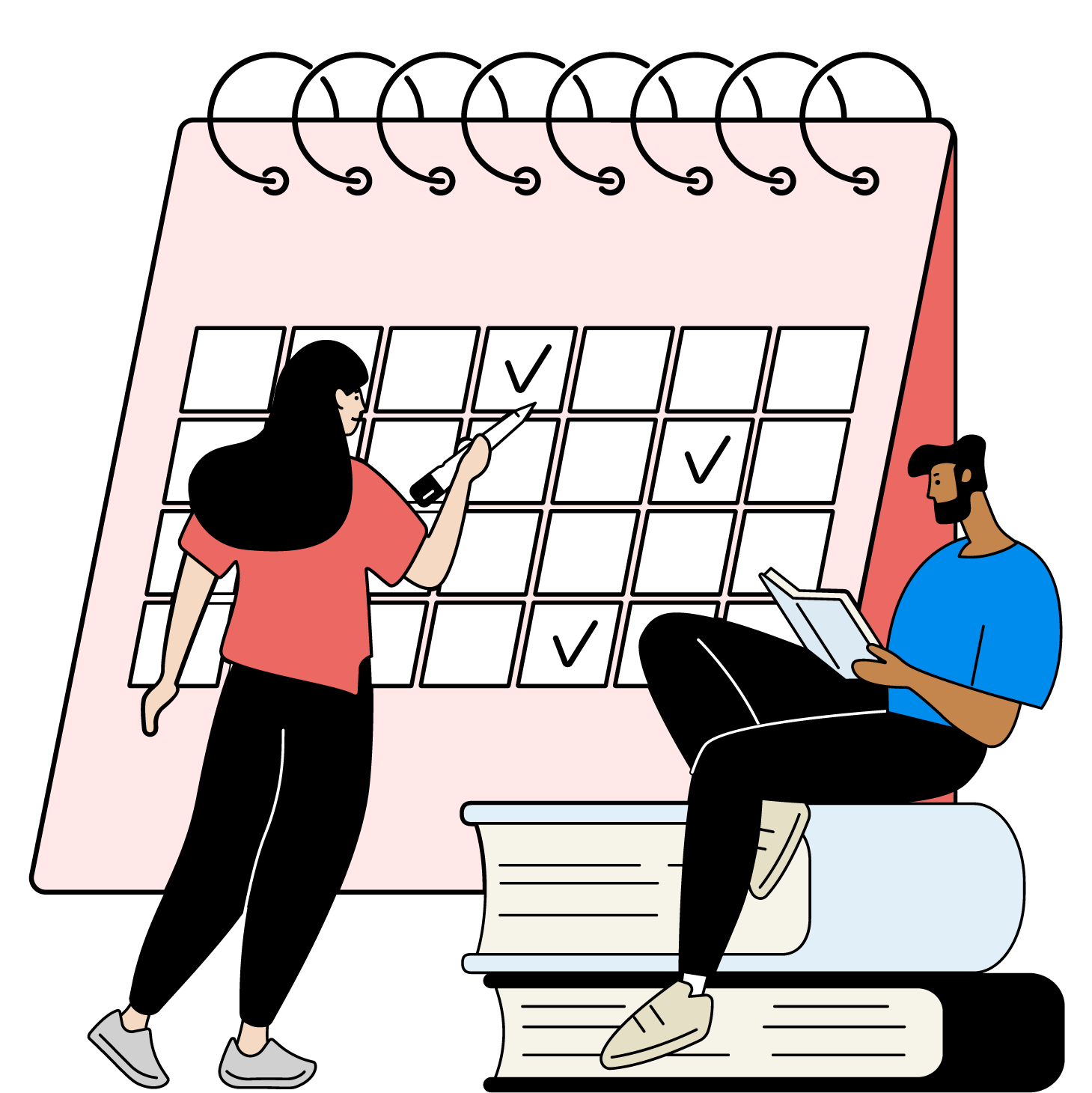 graphic image of person writing on calendar and person sat on books
