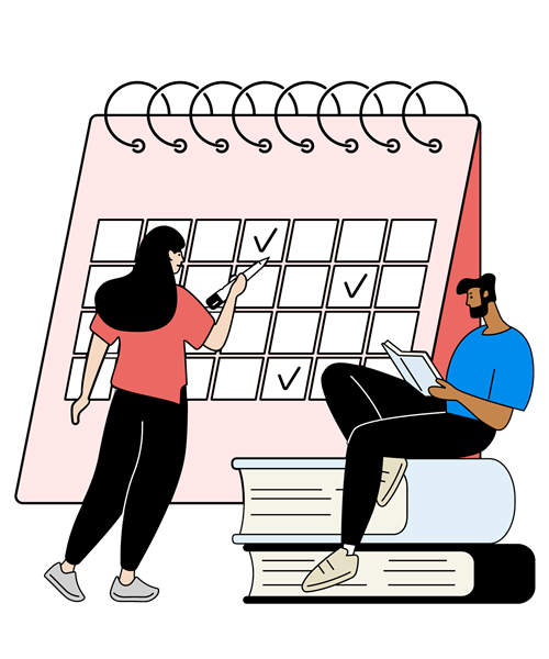 graphic image of person writing on calendar and person sat on books